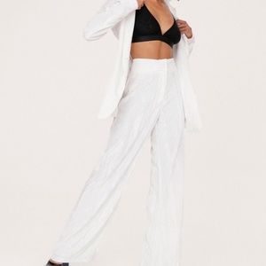 Crushed White Velvet Textured Wide Leg Pants